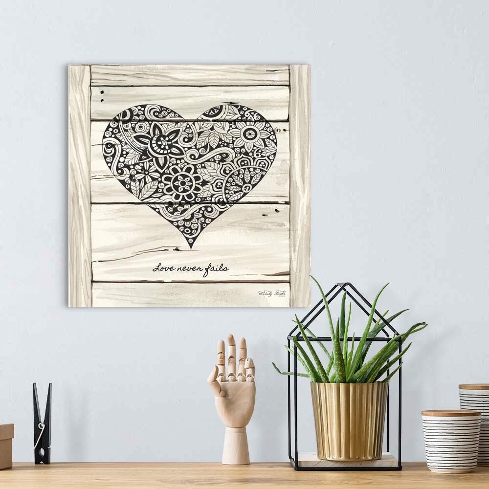 A bohemian room featuring Heart with a floral lace pattern on a white wooden board background.