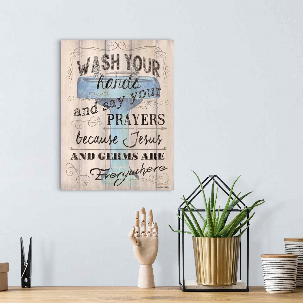 A bohemian room featuring Humorous typography artwork for a bathroom with an image of a sink, promoting healthy hygiene hab...