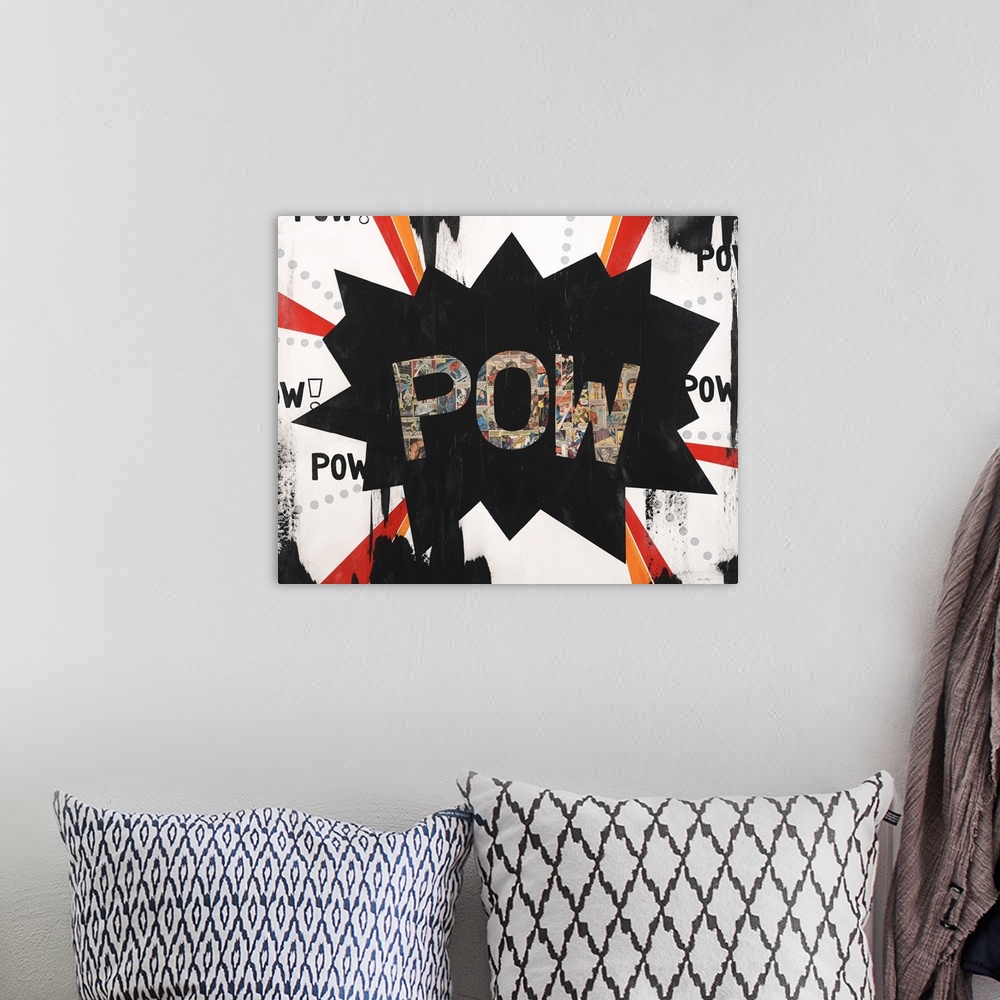 A bohemian room featuring Superhero art created with mixed media of a POW star with the letters made with colorful comic bo...