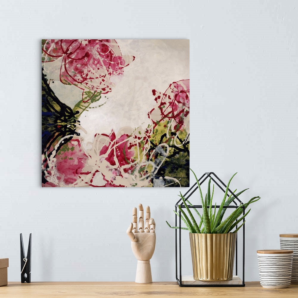 A bohemian room featuring Abstract painting of a cluster of rose blossoms and their leaves, painted with swirls of dripping...