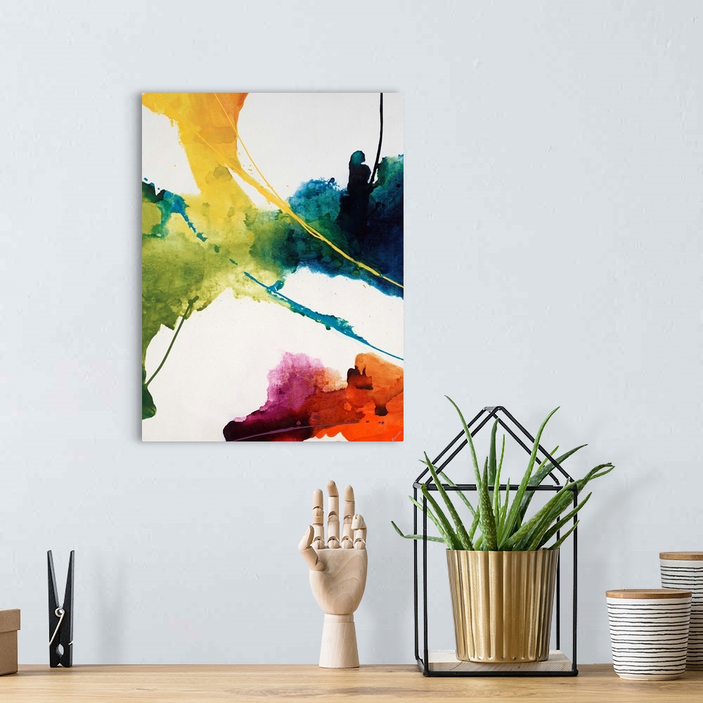 A bohemian room featuring Contemporary watercolor painting of several multicolored masses with thin streaks of paint over a...