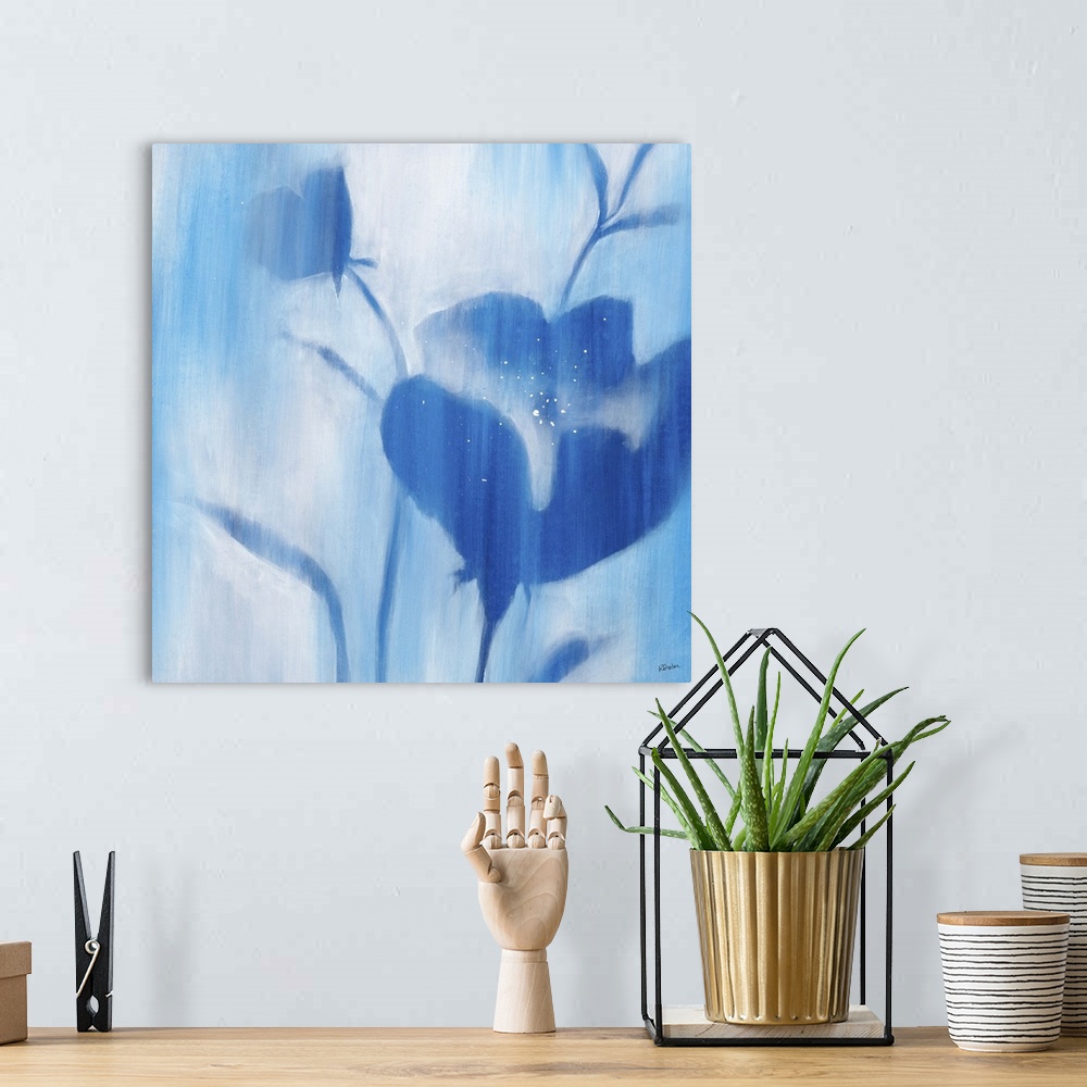 A bohemian room featuring Contemporary painting of blue flowers and stems with softened edges that seem to fade into a ligh...