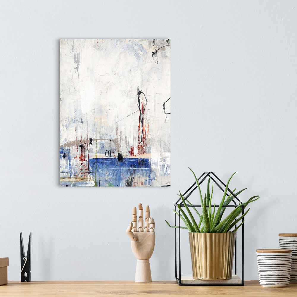 A bohemian room featuring Contemporary abstract painting using primary and neutral colors in weathered textures.