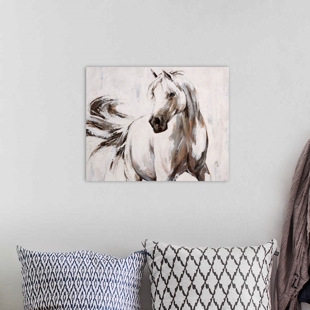 A bohemian room featuring Contemporary painting of an elegant white horse flicking its tail.