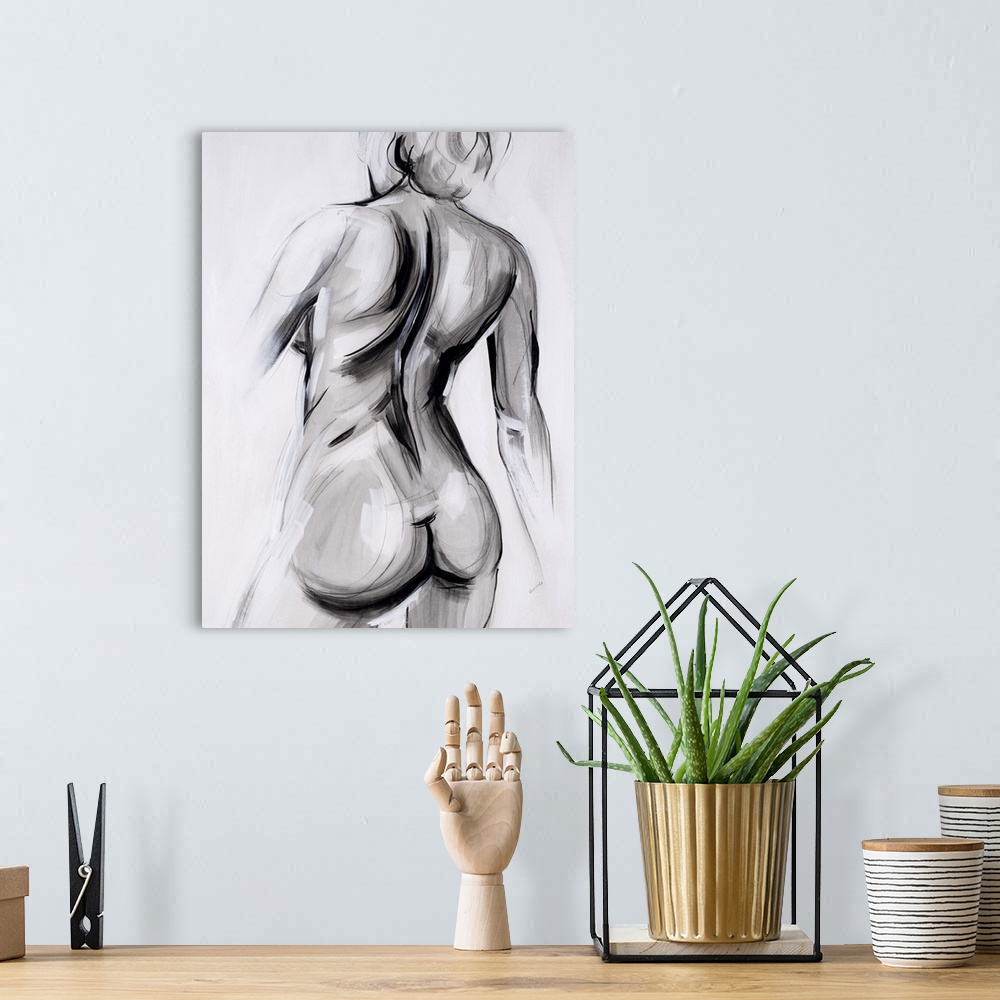 A bohemian room featuring Contemporary figurative abstract with a woman's back and bottom in shades of gray, black, and white.