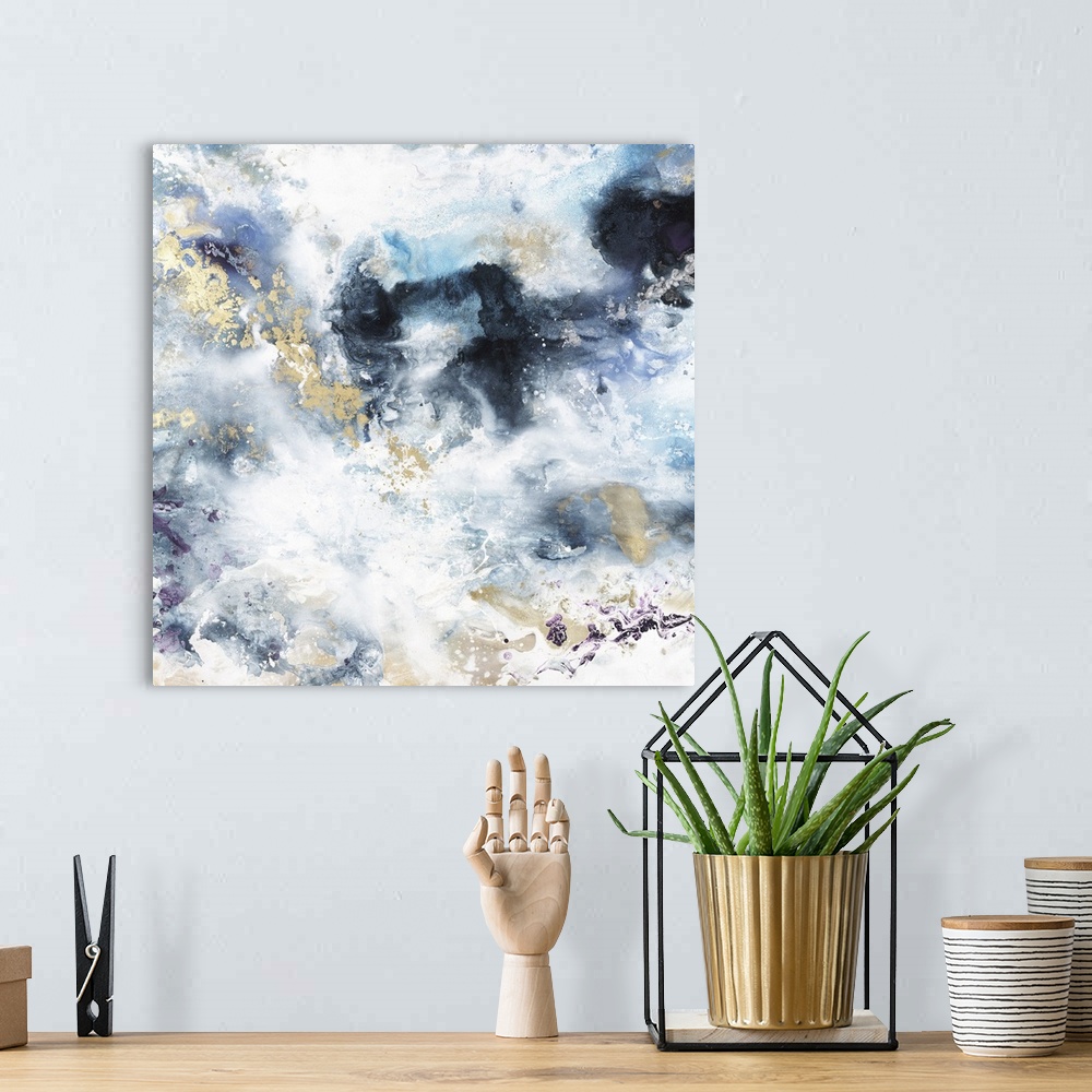 A bohemian room featuring Abstract contemporary painting in blue and gold tones, resembling a stormy sky.