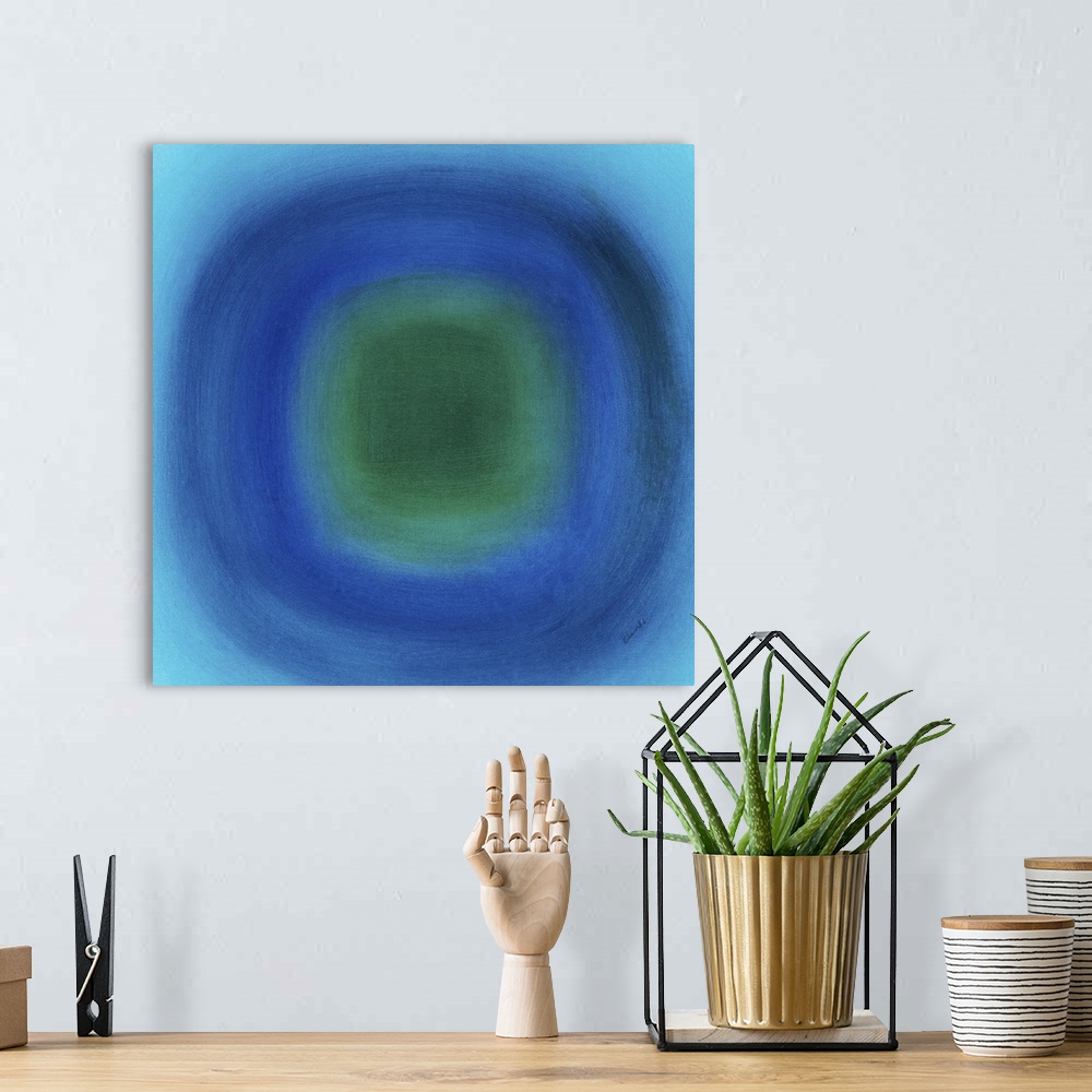 A bohemian room featuring A contemporary abstract painting of a green circle with gradating green circles moving concentric...