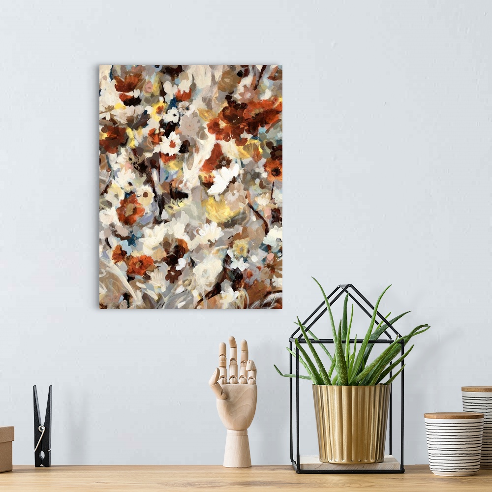 A bohemian room featuring Vertical, contemporary painting on large canvas of many small flowers in warm and neutral tones, ...