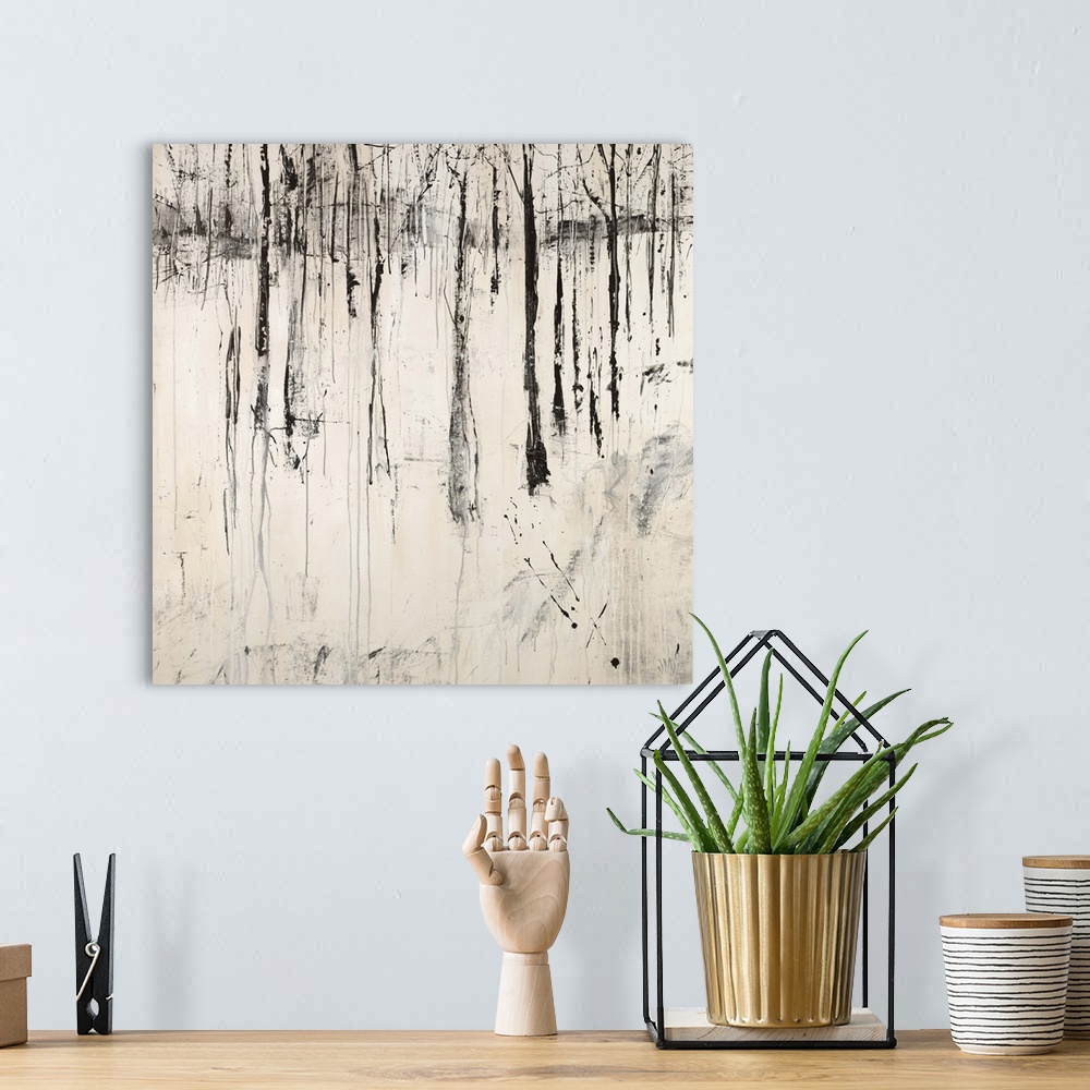 A bohemian room featuring Abstract painting of a dense forest of thin trees with no leaves and a foreground covered in a th...