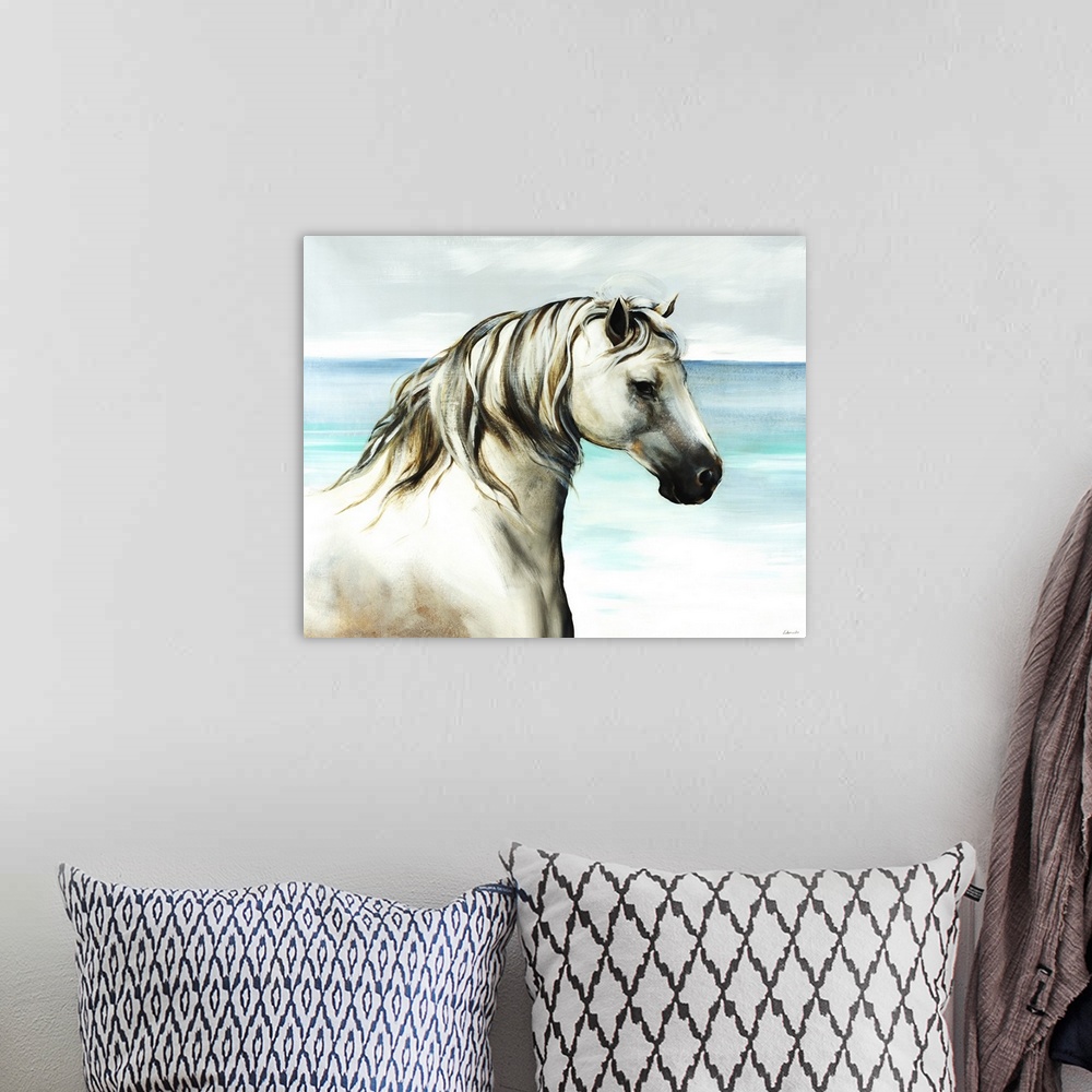 A bohemian room featuring Up-close painting of horse with ocean in the background.