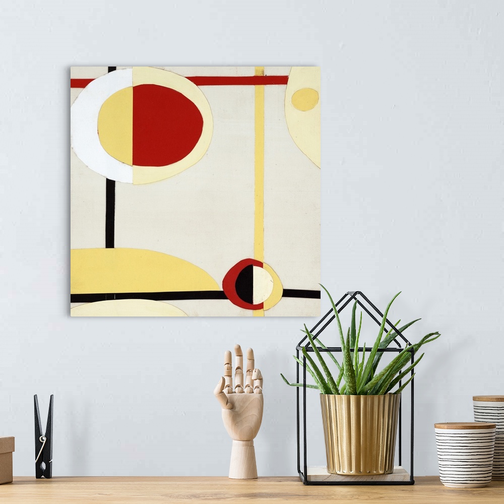 A bohemian room featuring Red, yellow, black, and white retro abstract painting with lines connecting multicolored circles ...