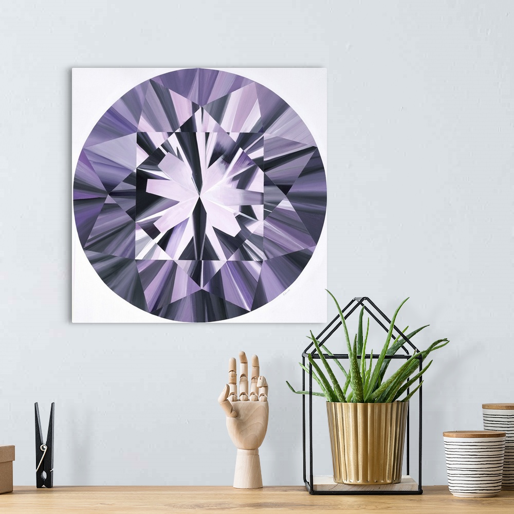 A bohemian room featuring A painting of a purple, round shaped gemstone.