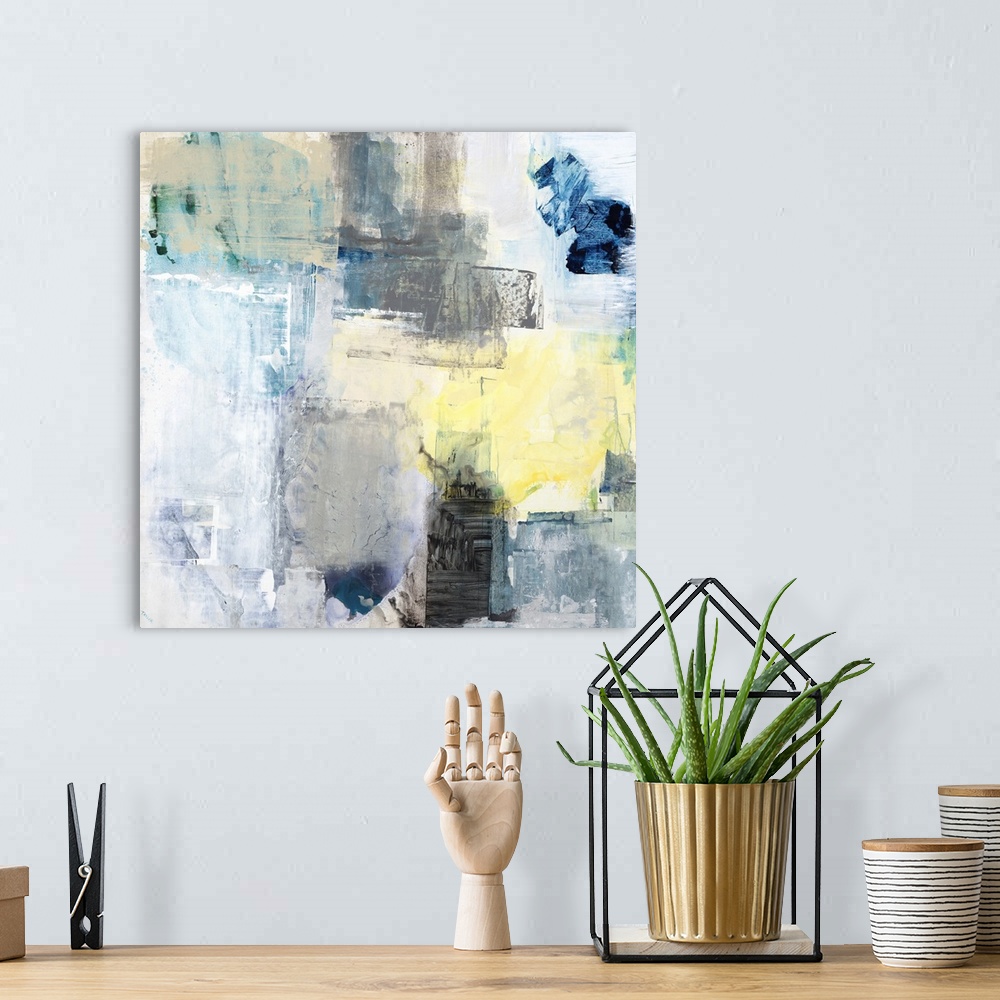 A bohemian room featuring Contemporary abstract painting with pale paint textures layered next to and on top of each other ...