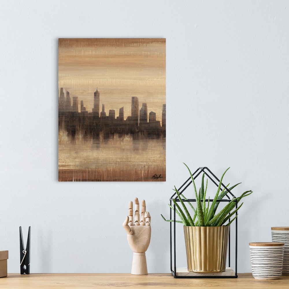 A bohemian room featuring Contemporary painting of a city skyline silhouette casting a faded reflection.