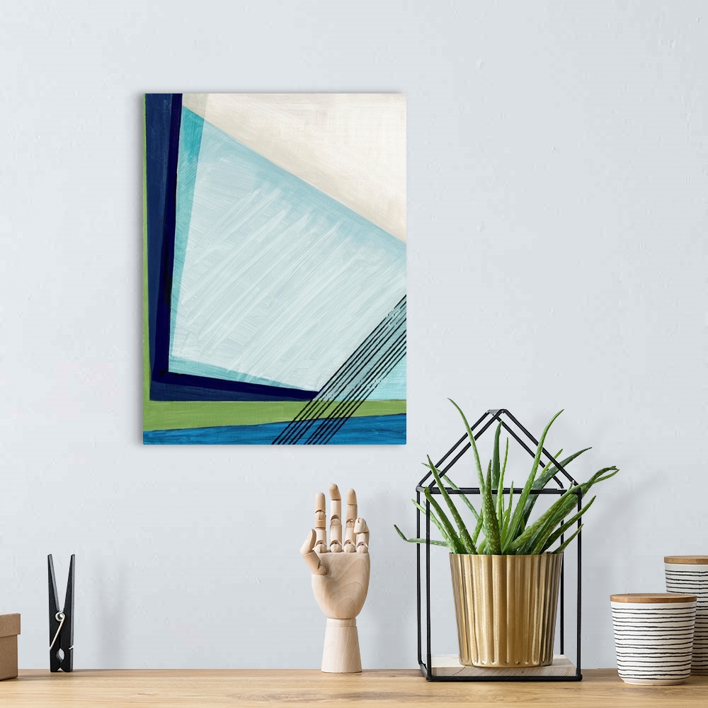 A bohemian room featuring A bold contemporary abstract of angular blue shapes accented with diagonal black lines