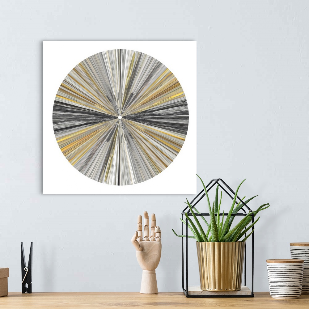 A bohemian room featuring Abstract circular design with rays of black, gold, and gray on white.