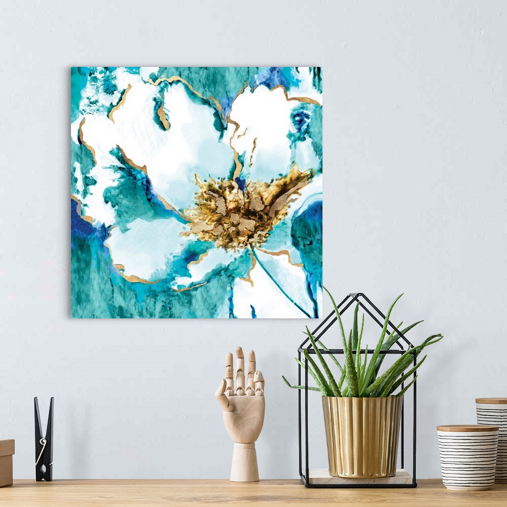 A bohemian room featuring Abstract decor resembling a white flower with gold outlines on a square background made with shad...