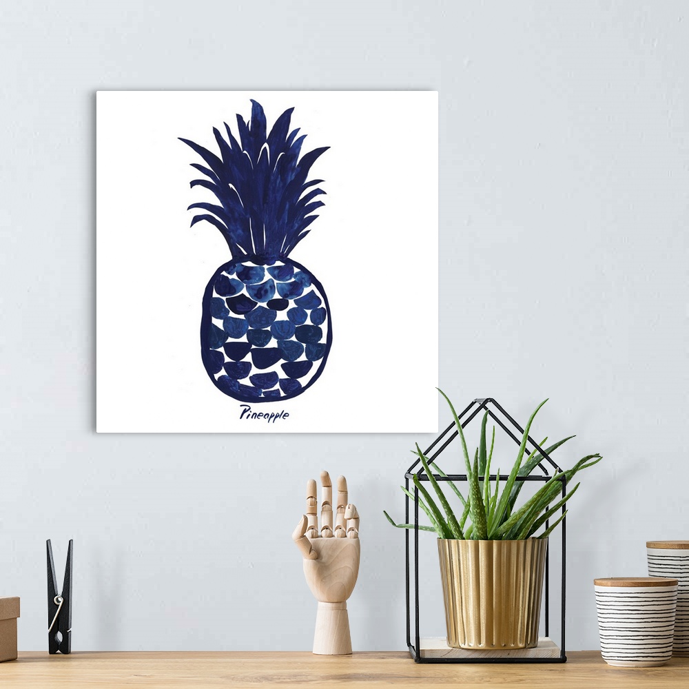 A bohemian room featuring Navy blue ink wash painting of a pineapple on white.