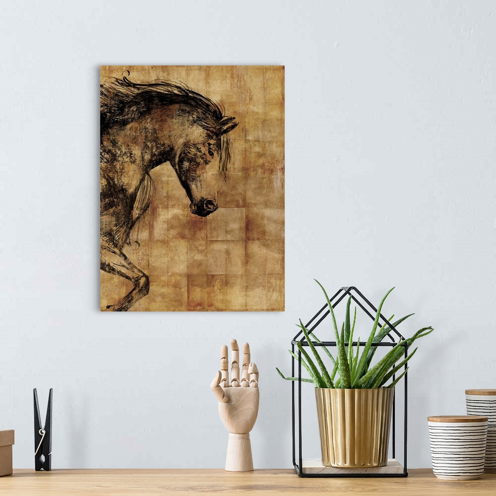 A bohemian room featuring Contemporary weathered looking home decor art of a horse coming into the left of the frame agains...
