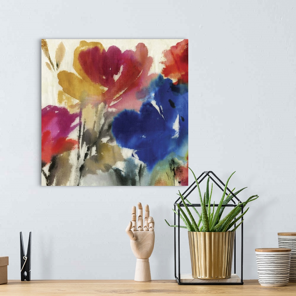 A bohemian room featuring Contemporary watercolor home decor artwork of flowers against a neutral background.