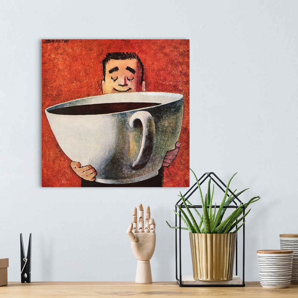Man and Huge Coffee Cup | Large Solid-Faced Canvas Wall Art Print | Great Big Canvas