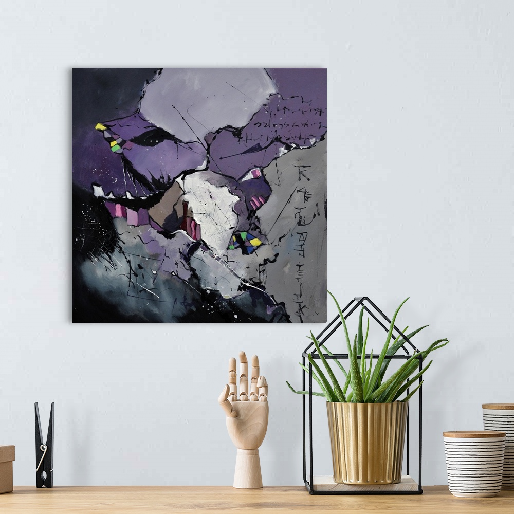 A bohemian room featuring A square abstract painting in textured shades of purple, black and gray with splatters of paint o...