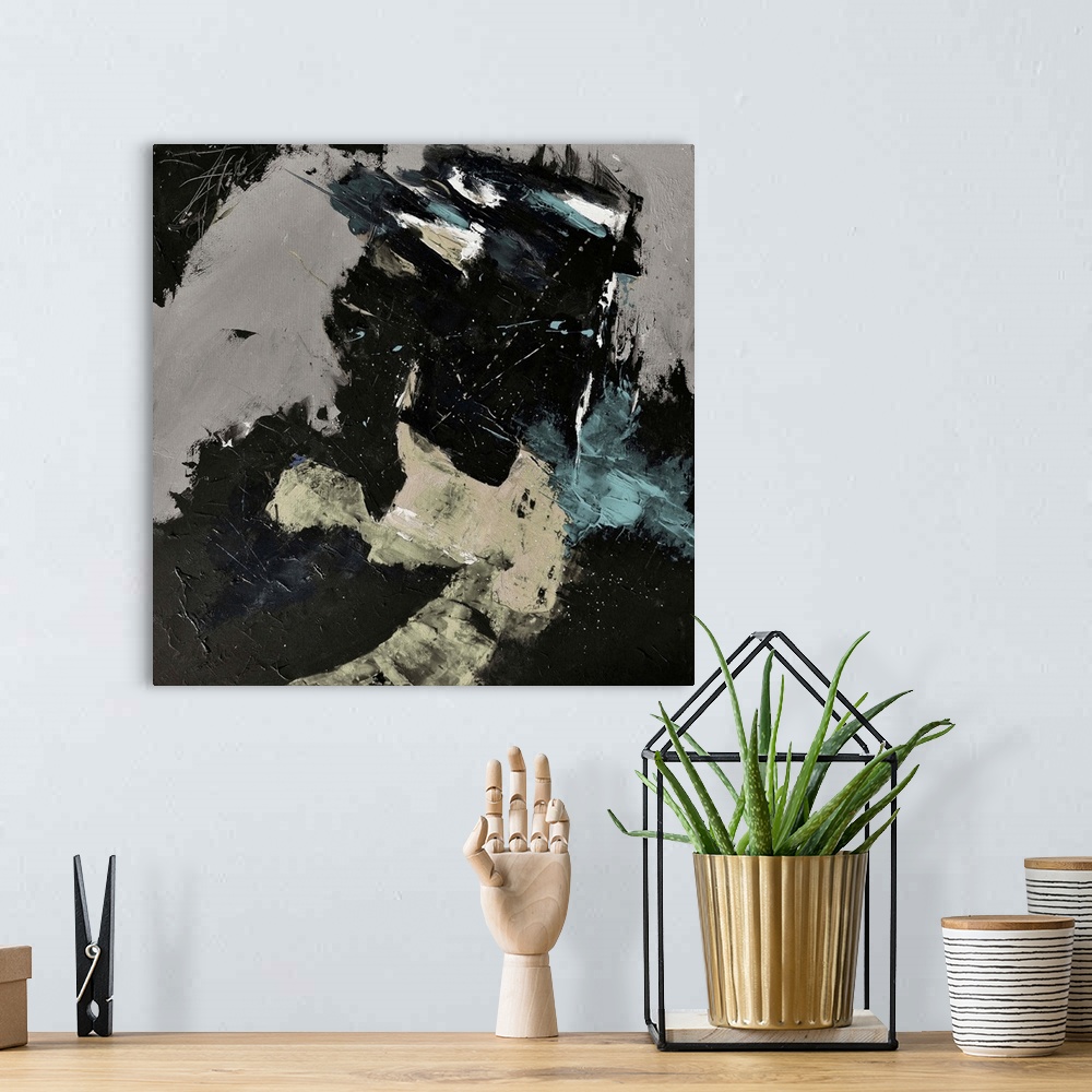 A bohemian room featuring A square abstract painting in textured shades of black, brown and gray with splatters of paint ov...