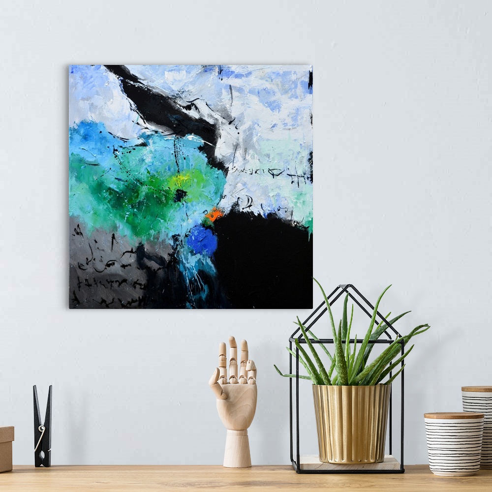 A bohemian room featuring A square abstract painting in textured shades of black, blue, white and green with splatters of p...
