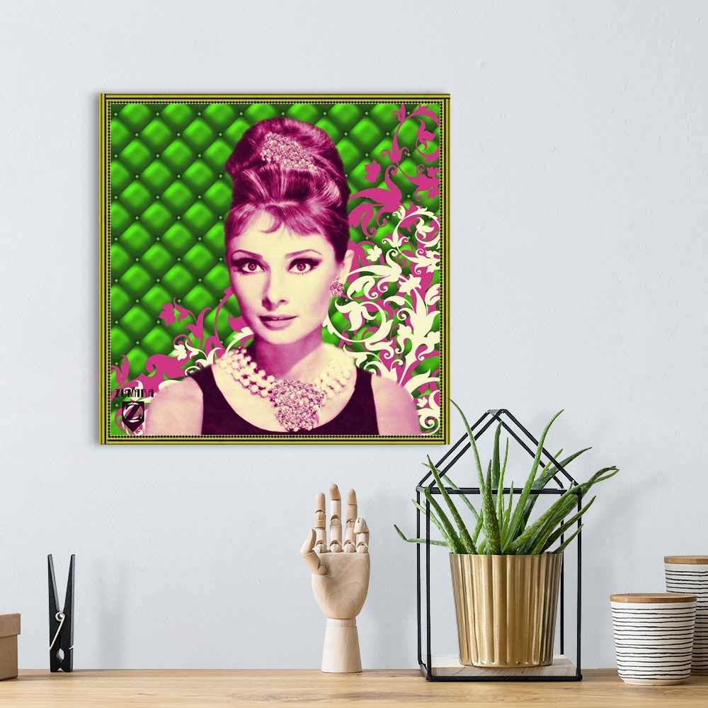 A bohemian room featuring Square print of a famous movie icon in front of a brightly patterned background.