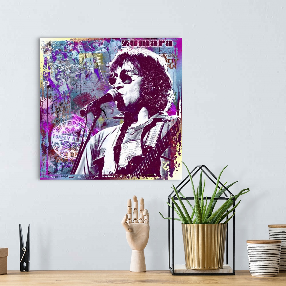 A bohemian room featuring Big square wall hanging of a bust image of Jon Lennon, holding a guitar as he sings into a microp...
