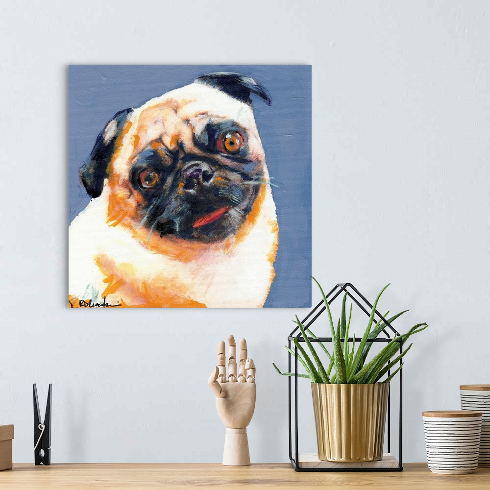 A bohemian room featuring Square painting of a Pug on a blue background.