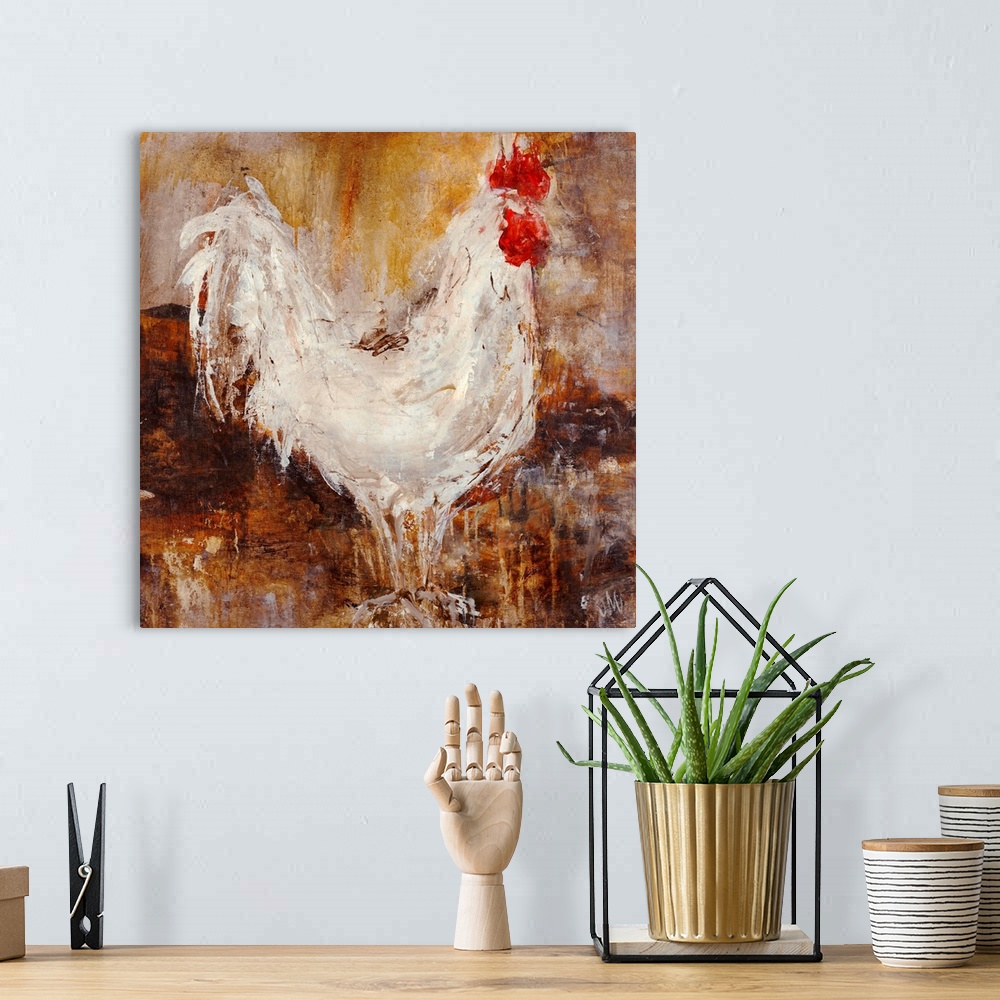 A bohemian room featuring Contemporary painting of chicken up close against a dark background. The image is created using s...