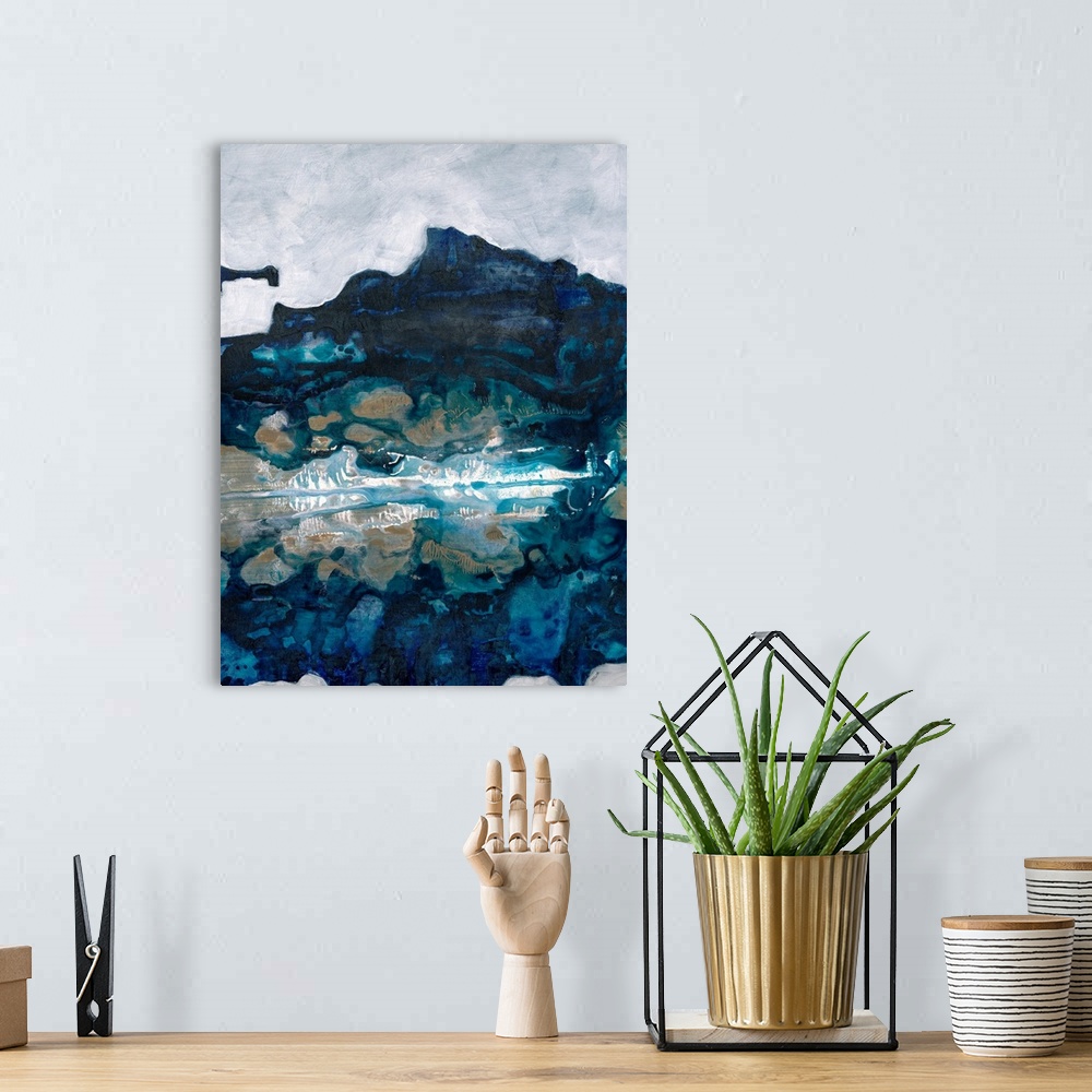 A bohemian room featuring Contemporary painting of blue forms mimicking a cool natural landscape, such as a lake or mountain.