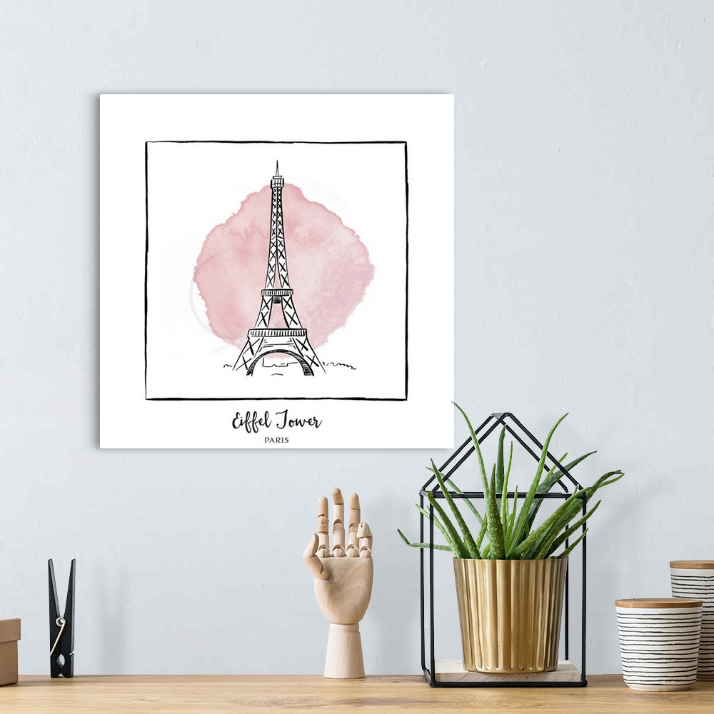 A bohemian room featuring An ink illustration of the Eiffel Tower in Paris, France, with a pink watercolor wash.