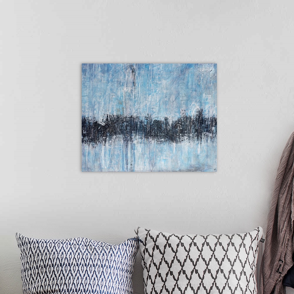A bohemian room featuring Contemporary abstract painting of a single horizontal stripe traversing bottom half of canvas.