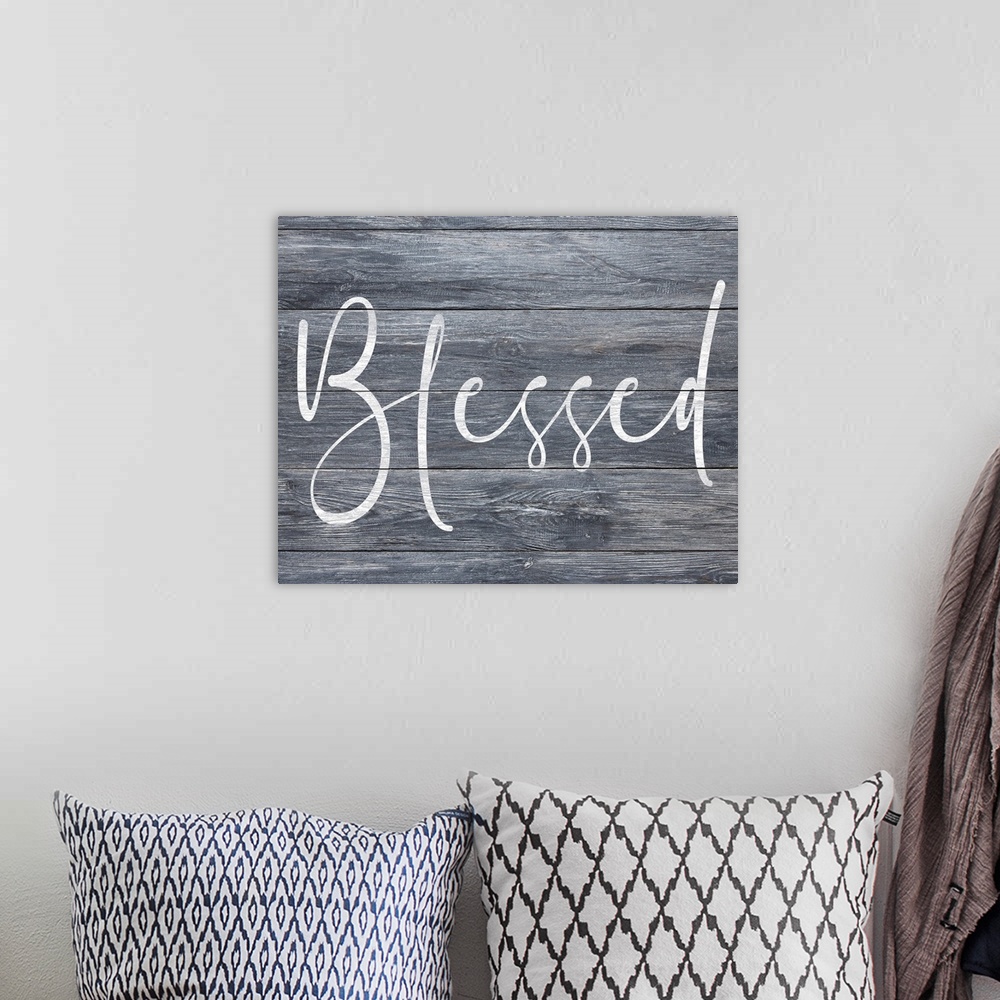 A bohemian room featuring A simple, single word sentiment in white on a rustic grey board background, perfect for a country...