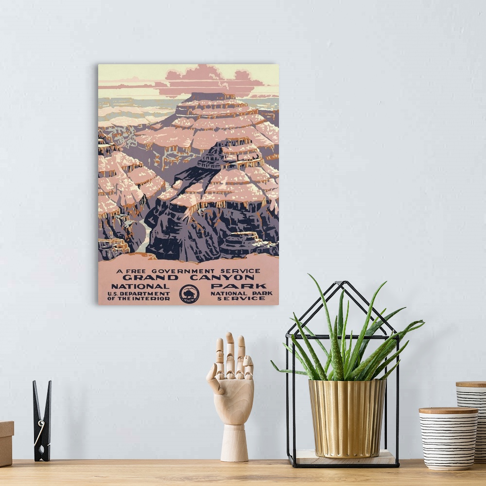 A bohemian room featuring Grand Canyon National Park, a free government service. Poster shows view of the Grand Canyon. Lib...