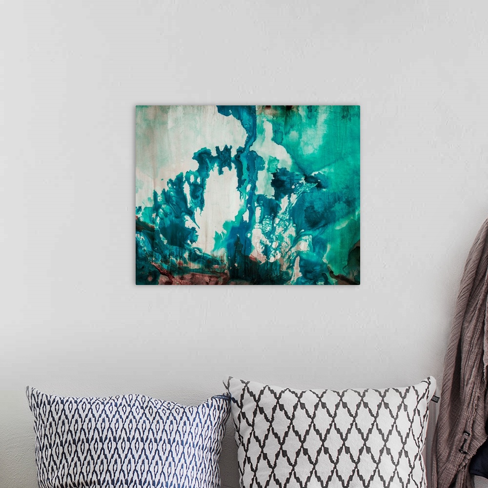 A bohemian room featuring Abstract painting of bright aqua-colored shapes over a muted background.