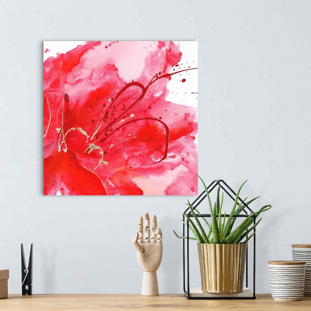 A bohemian room featuring Contemporary abstract painting using a splash of vibrant red against a white background.