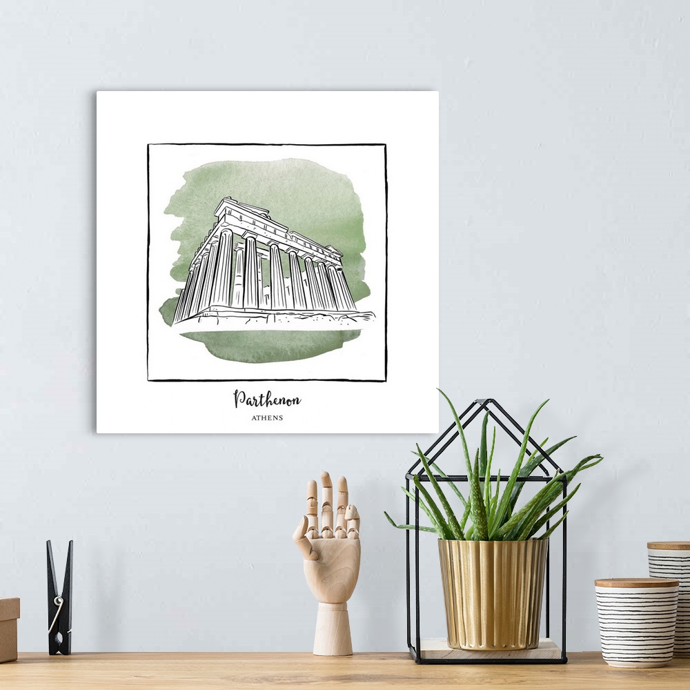 A bohemian room featuring An ink illustration of the Parthenon in Athens, Greece, with a green watercolor wash.