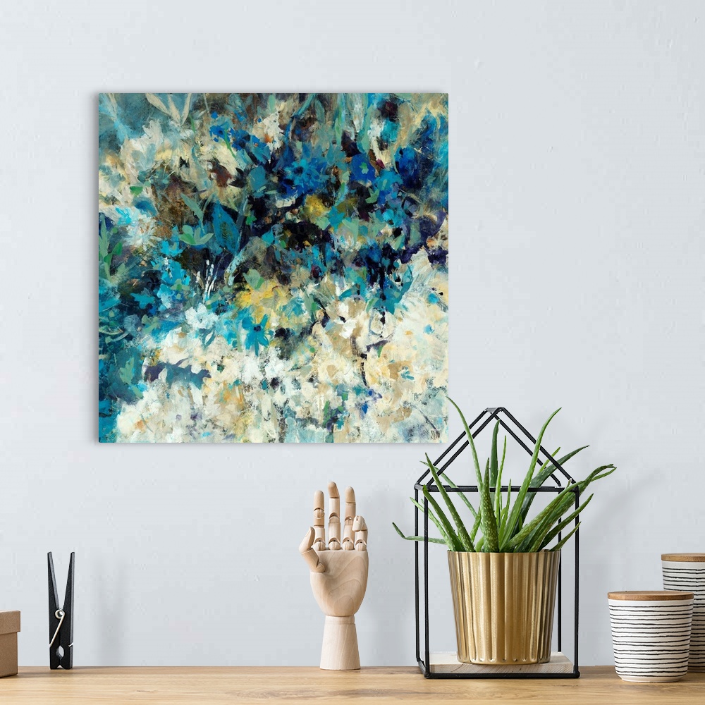 A bohemian room featuring Square, oversized abstract painting of many small flowers in light, cool tones. Painted with shor...