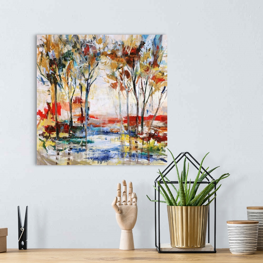 A bohemian room featuring Contemporary painting of a grove of vibrant trees, surrounded by a multicolored playful landscape.