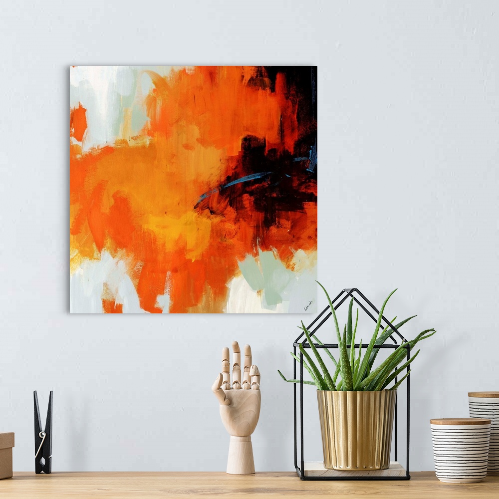 A bohemian room featuring Contemporary abstract artwork featuring vibrant streaks of color on a blank background creating a...