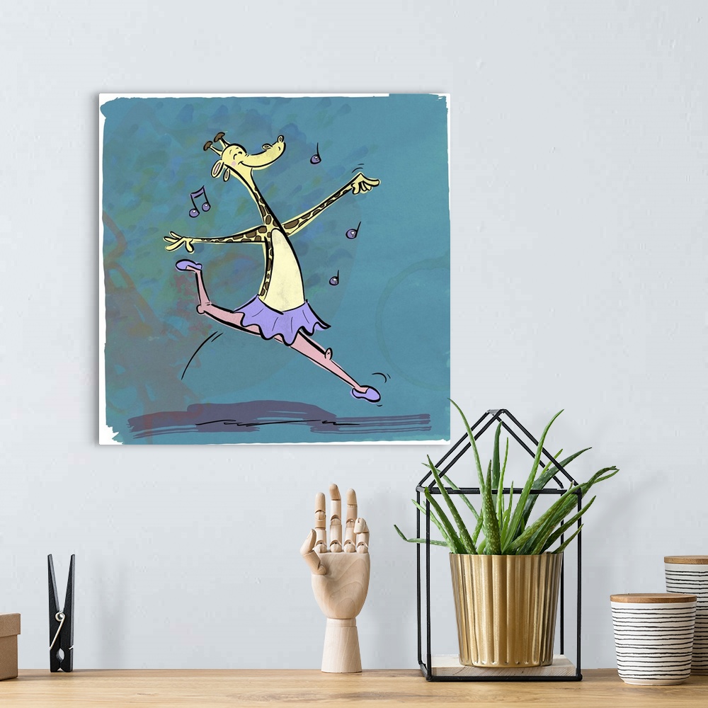 A bohemian room featuring Fun cartoon artwork of a ballerina giraffe leaping with music.