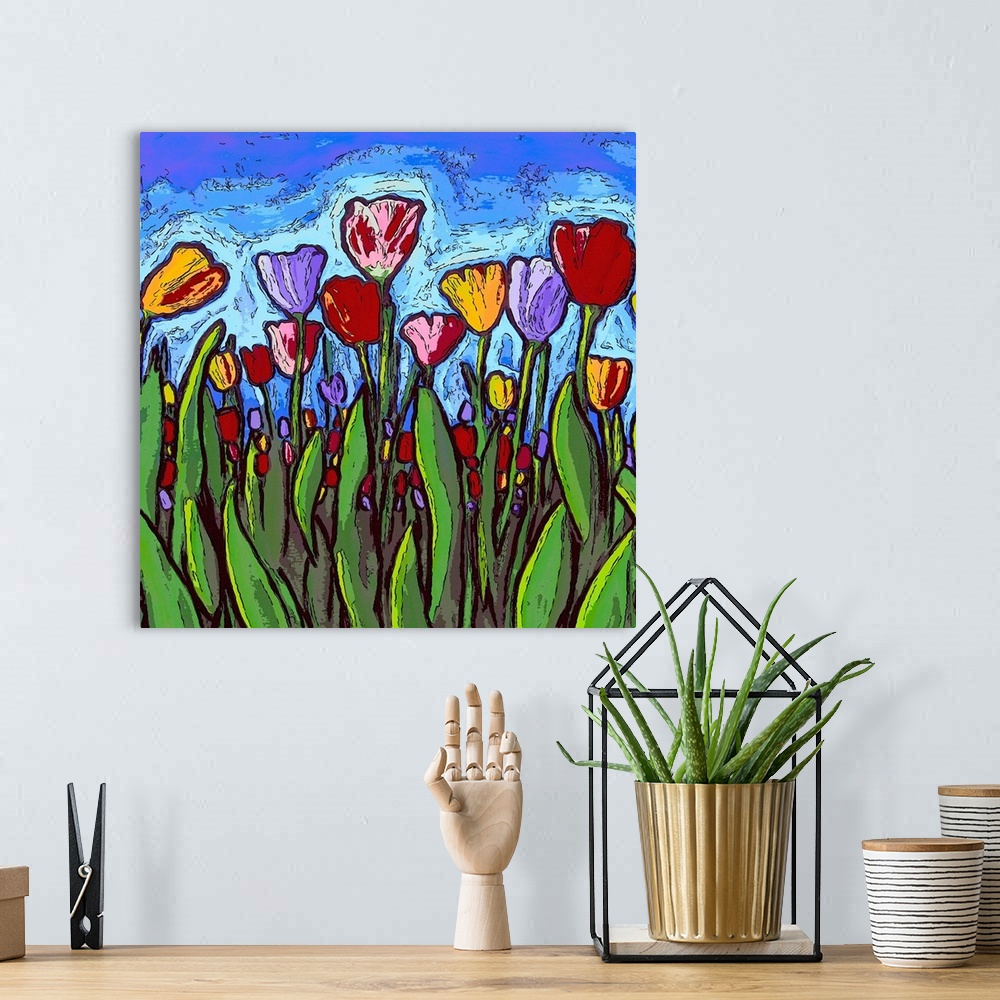 A bohemian room featuring Contemporary square painting of colorful tulips in a field with bright blue skies above.