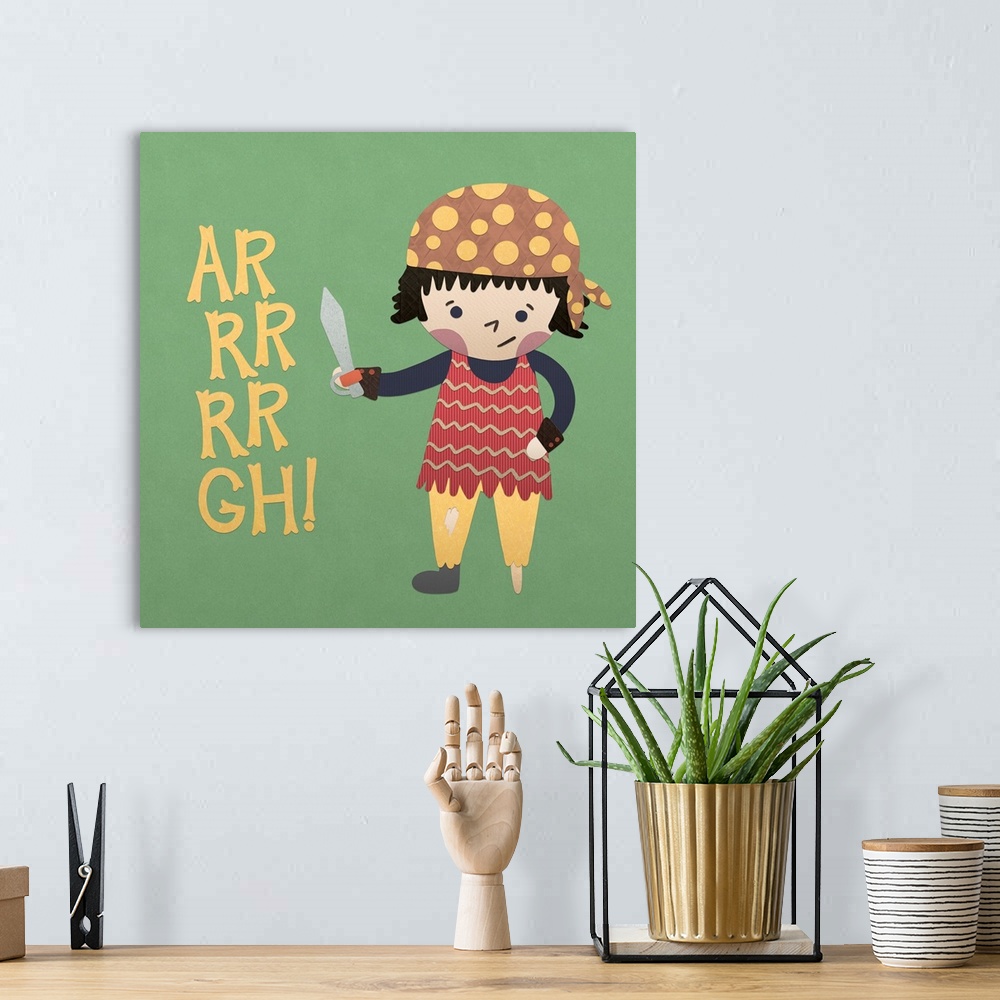 A bohemian room featuring A darling illustration of a young pirate with a sword and "AR RR RR GH!" on a green background.
