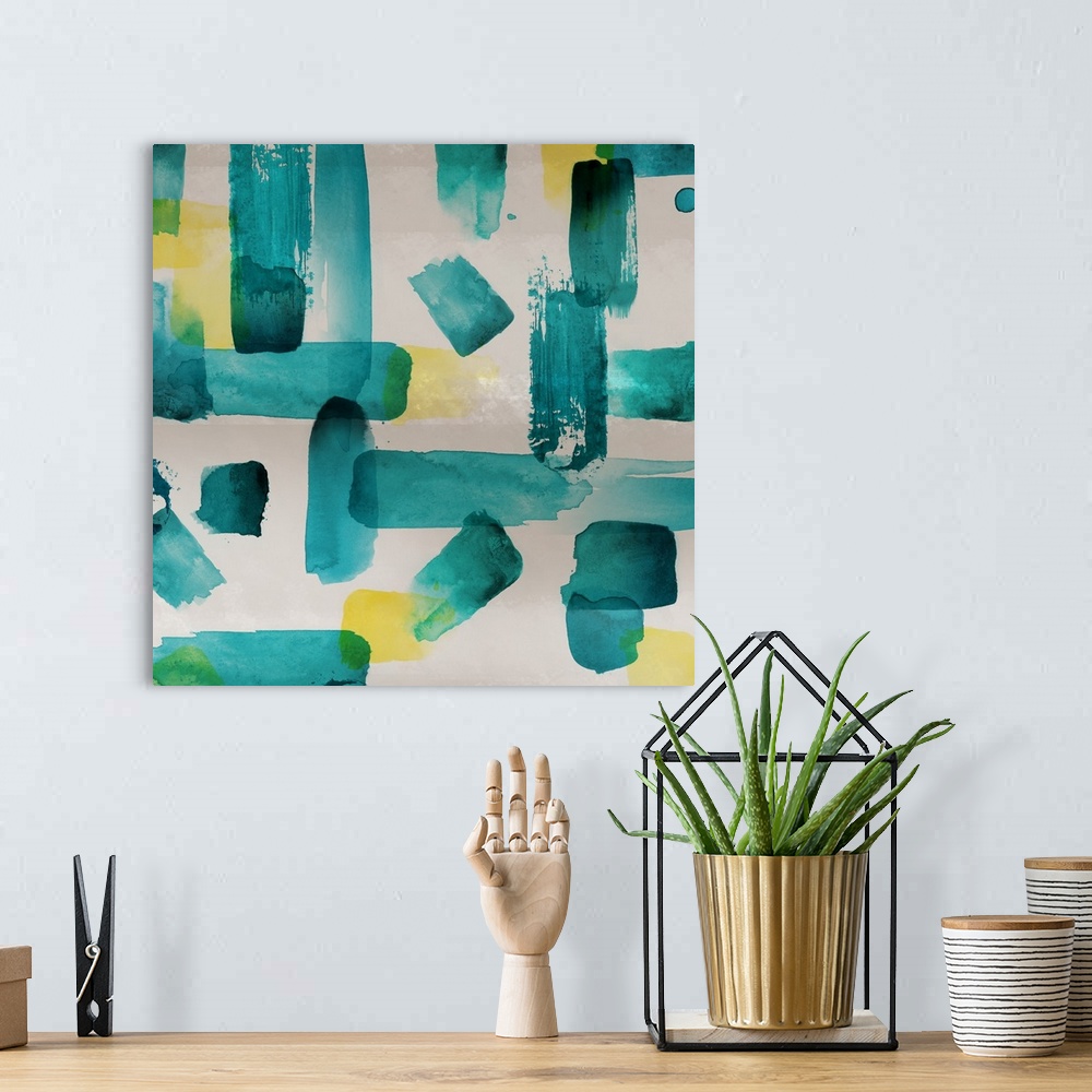 A bohemian room featuring Square abstract painting of short, thick brush strokes in shades of yellow and teal.