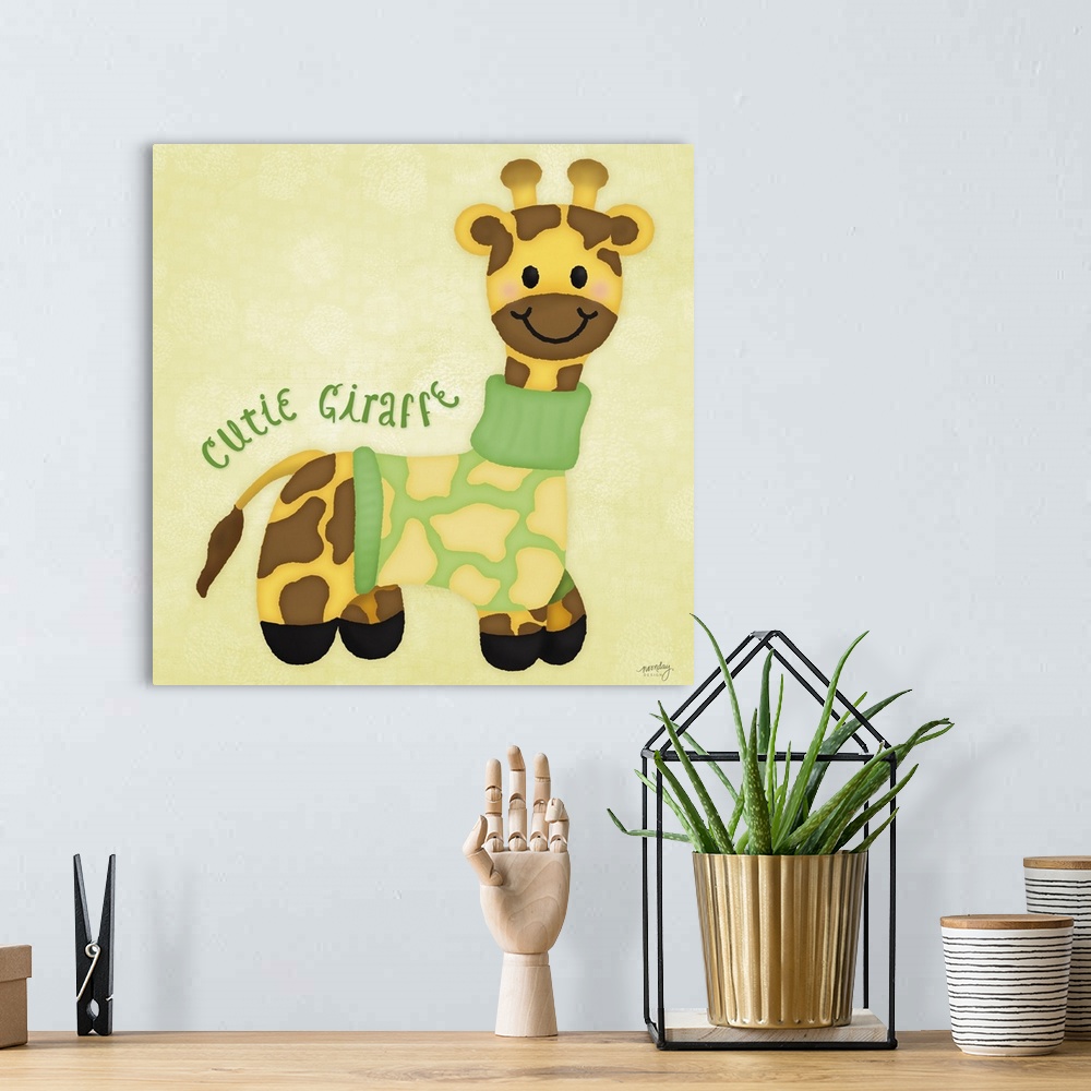 A bohemian room featuring A sweet illustration of a giraffe wearing a sweater and the text 'Cutie Giraffe' on a yellow back...
