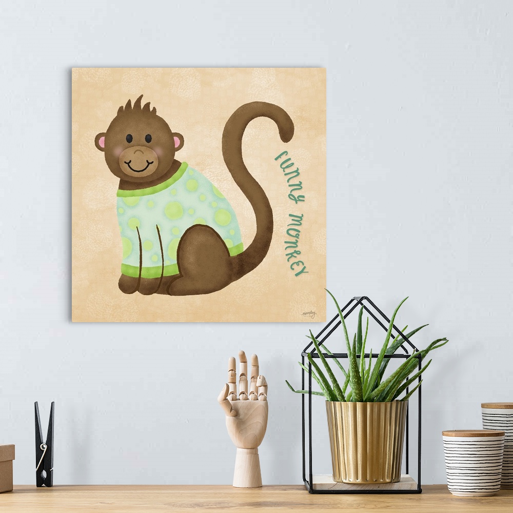 A bohemian room featuring A sweet illustration of a monkey wearing a sweater and the text 'Funny Monkey' on a orange backgr...