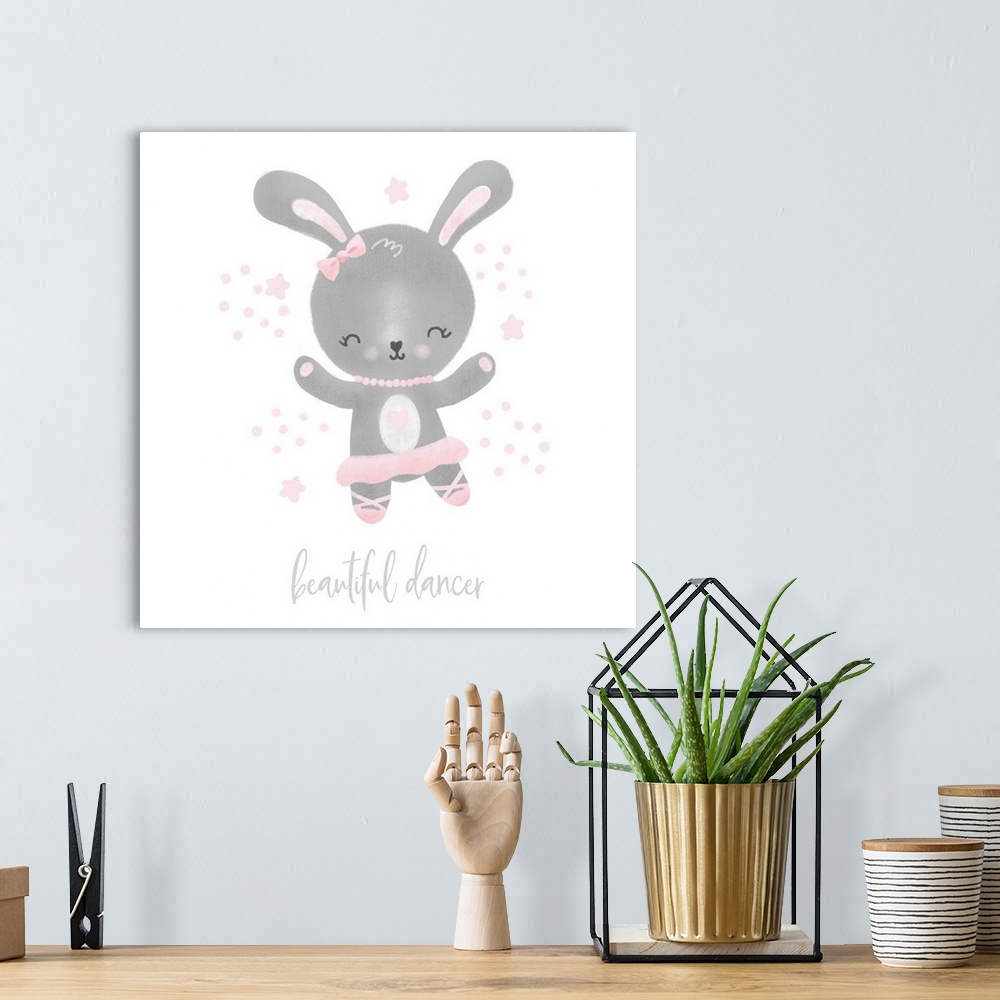 A bohemian room featuring Adorable artwork of a gray bunny in a ballerina outfit surrounded with pink stars and "beautiful ...